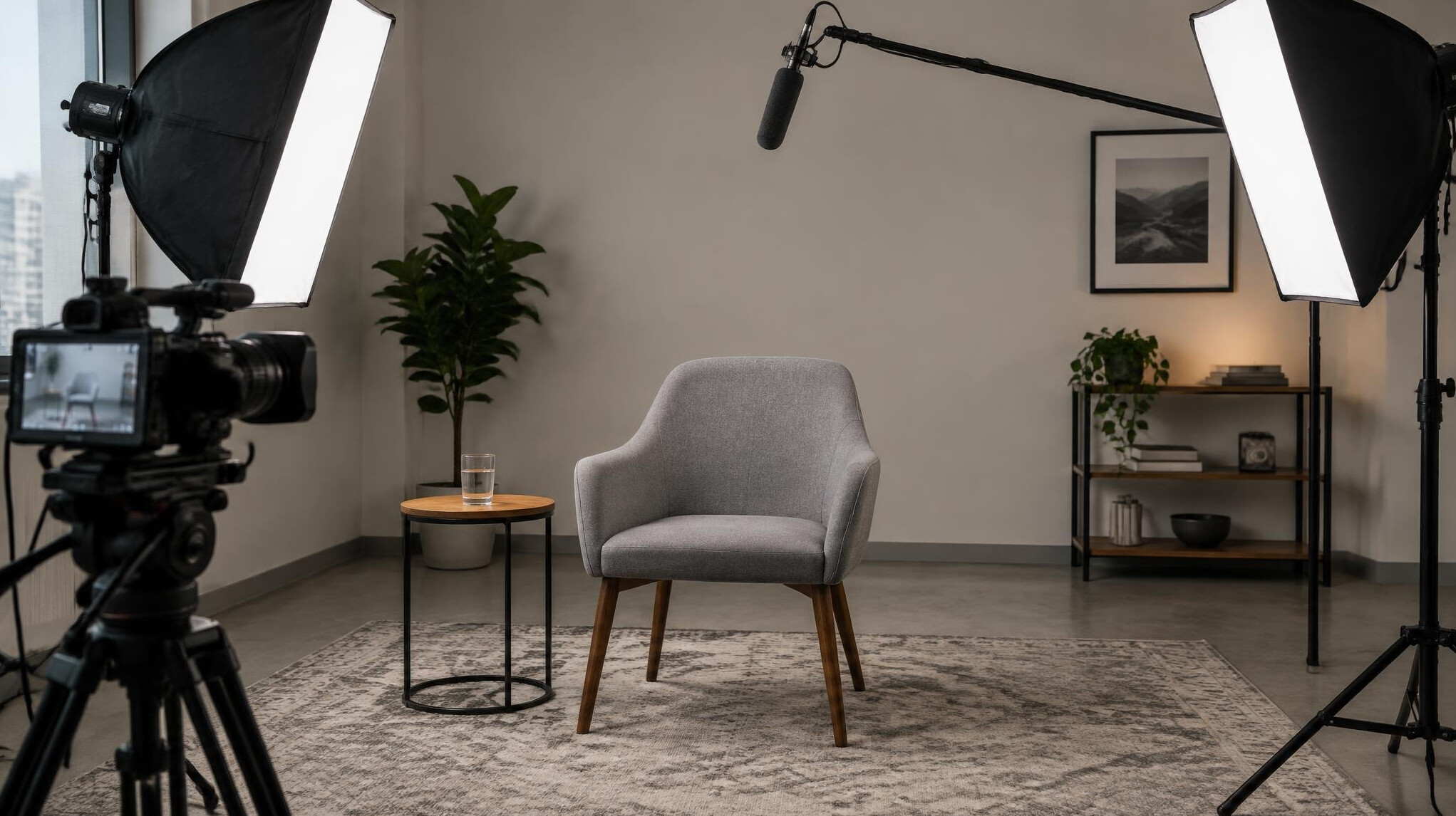 Professional interview lighting and microphone setup in a small studio