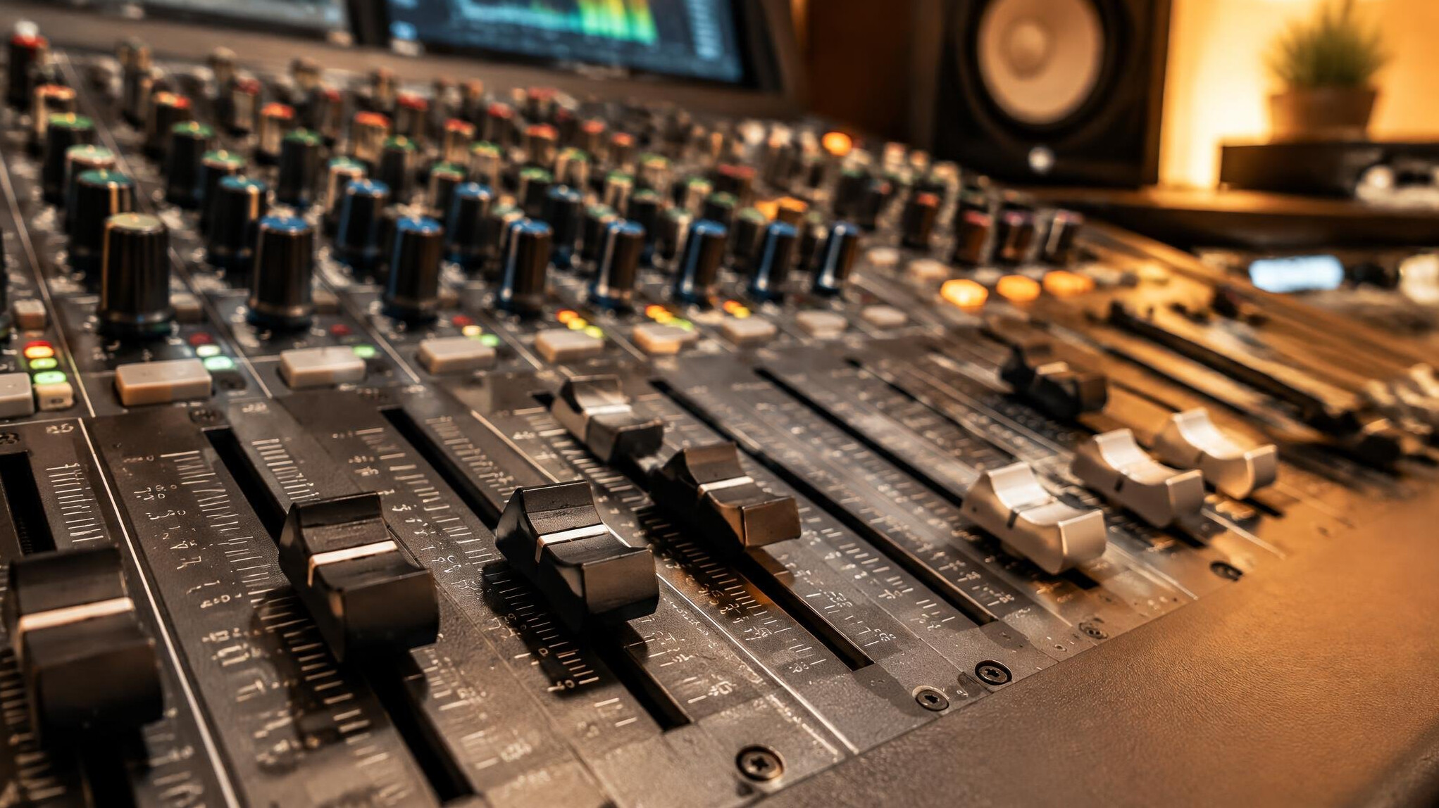 Audio mixing console with sliders used for sound design