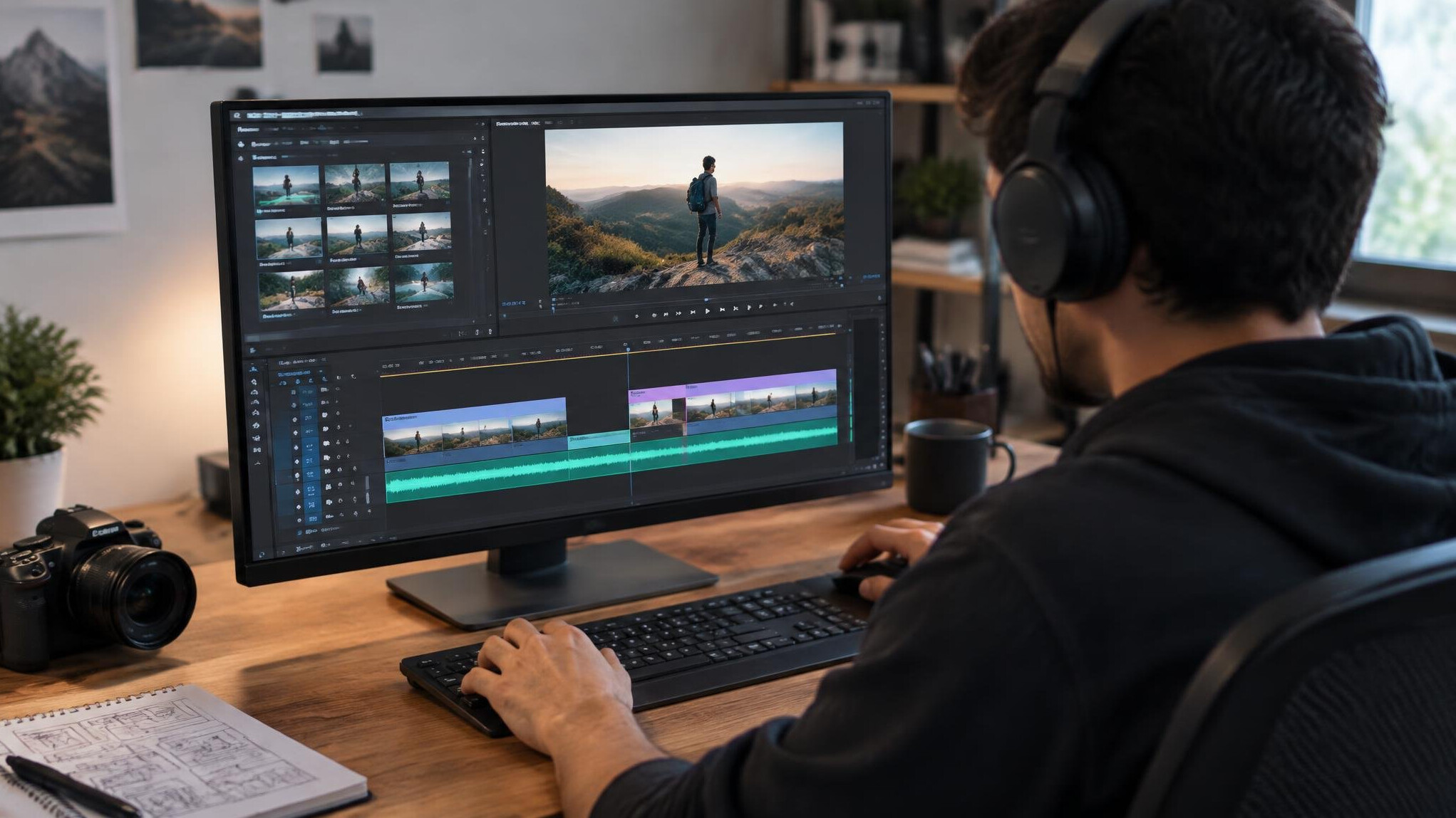 video editor working on computer