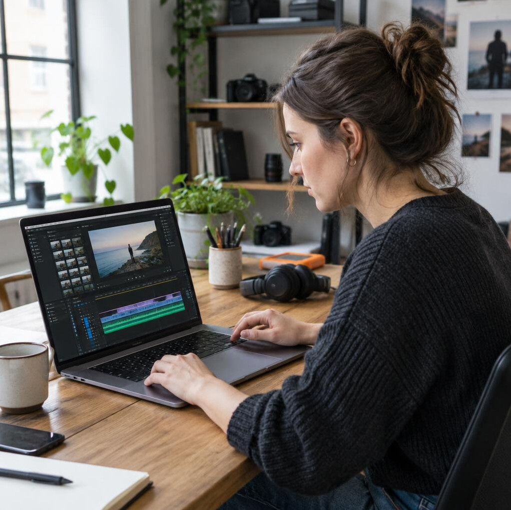 Young European woman editing video footage on a laptop at a desk