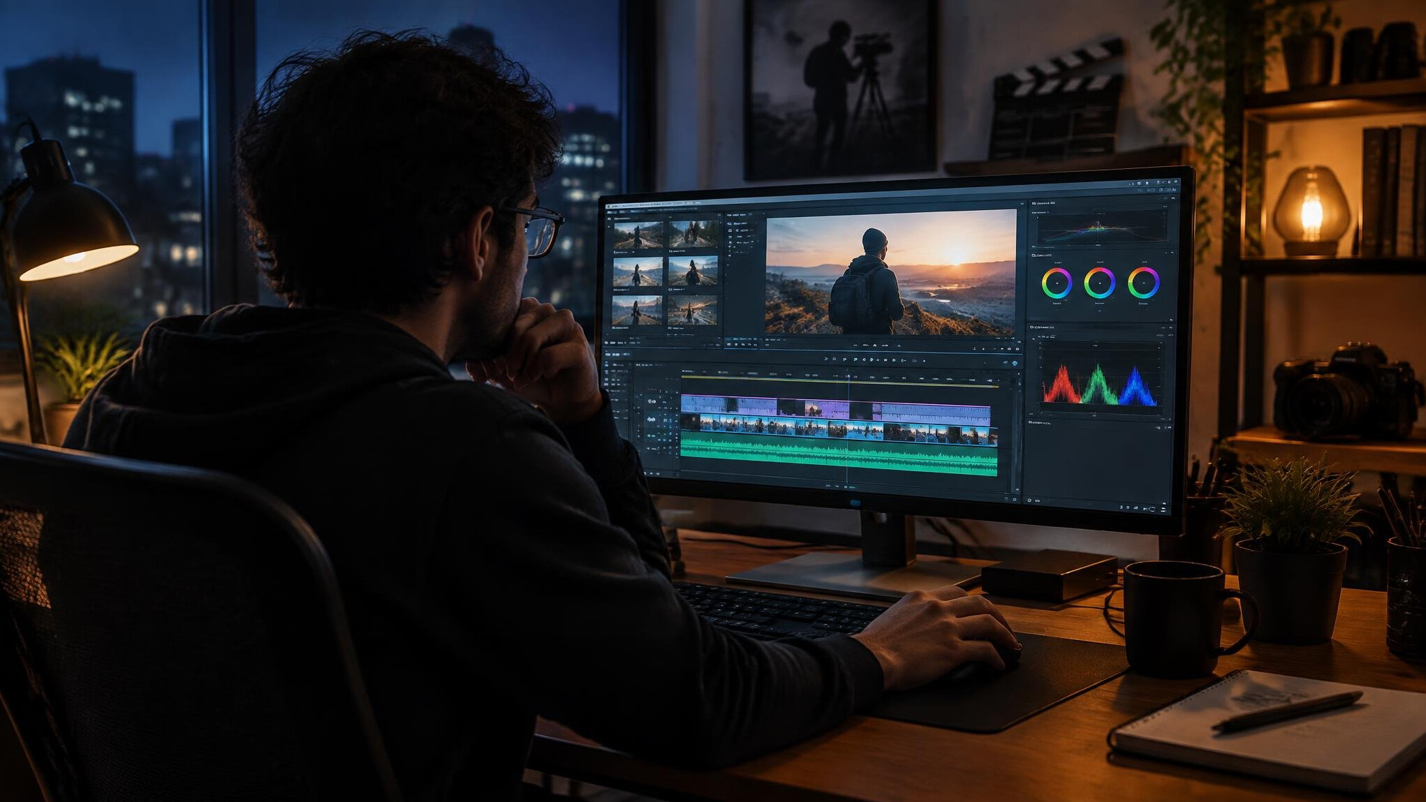 video editor working late